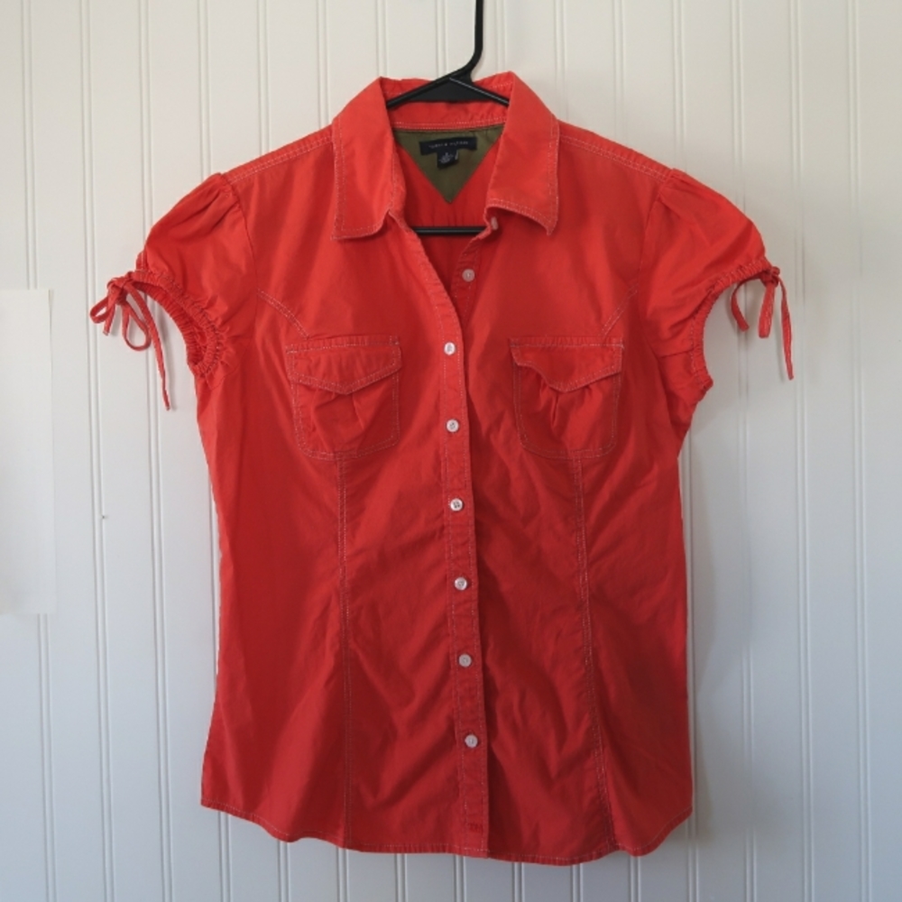 Vintage Tommy Hilfiger Women's Y2K Red Button Up Top Short Tie Up Sleeves Medium
